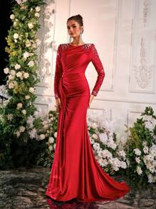 Glamrae Elegant Brown Round Neck Long Sleeve Ruched Chest Side High Slit Mermaid Hem Dress, Versatile For Formal Occasions, Evening Gown, Wedding Guest Dress, Party Dress - Red - View 4