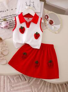 Young Girl Young Girl Reversible Collar Sleeveless Top & Red Skirt With Strawberry Print, Comfortable Casual Daily Wear For Summer