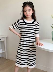 DAZY Tween Girl Contrast Stripe Short Sleeve Knitted Dress,Girls Summer Outfits,Back To School Clothes - Black and White - View 3