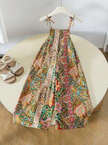 SHEIN Young Girl Paisley Flower Print Wide Leg Loose Jumpsuit