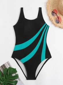 Swim SPRTY Conjunto de tankini de bloques de color y rayas para mujer