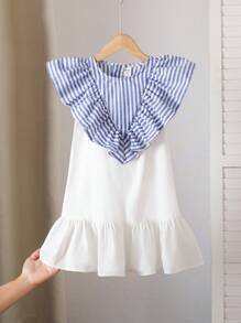 Vestido con diseño de cuello con empalmado de estampados mixtos y ribete de volantes para niñas jóvenes - Multicolor - Ver 9