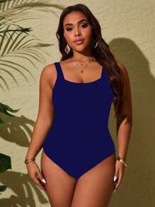 Swim Lushoire 加大码连体细肩带纯色休闲度假连体泳衣夏季 - 藍色 - 查看 3