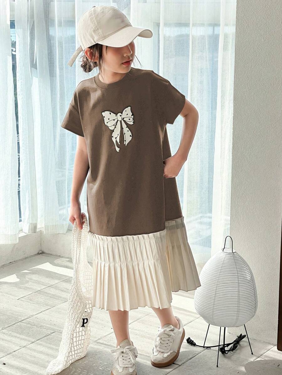Dazy Kids 青少年女孩圆领短袖蝴蝶印花拼接休闲连衣裙,夏季,返校服装 - 棕色 - 查看 1