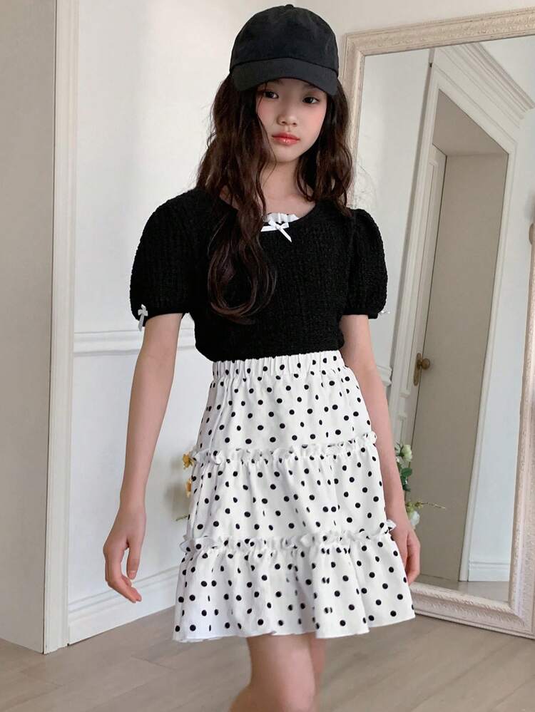 Tween Girls' Casual Simple Bow Decor Top And Polka Dot Print Skirt 2pcs Outfit Set,Girls Summer Outfits,Back To School Clothes