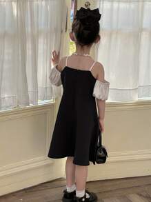 DAZY Young Girl Girls' Bowknot Color Block Open Shoulder Short Sleeve Woven Summer Dress, Small Size - Black - View 4