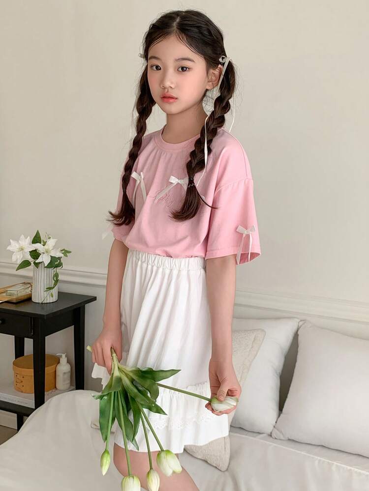 Tween Girls Bow Decor Letter Embroidered Short Sleeve Top And Skirt 2pcs Set,Girls Summer Outfits,Back To School Clothes