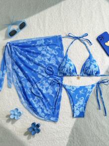 SHEIN Swim 3件套女士春假随机印花吊带沙滩裙，系带复古度假比基尼泳衣套装 - 藍色 - 查看 1