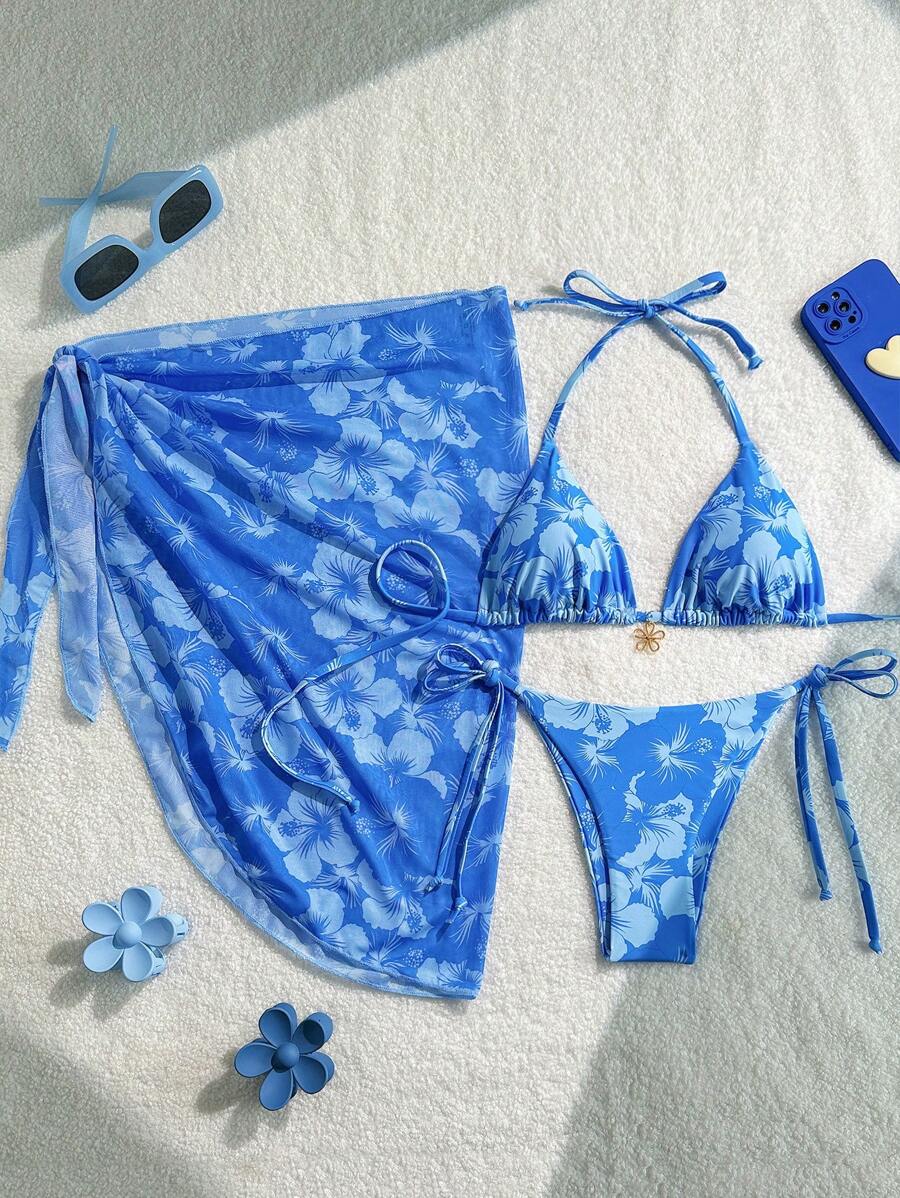SHEIN Swim 3件套女士春假随机印花吊带沙滩裙，系带复古度假比基尼泳衣套装 - 藍色 - 查看 1