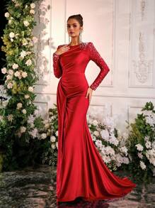 Glamrae Elegant Brown Round Neck Long Sleeve Ruched Chest Side High Slit Mermaid Hem Dress, Versatile For Formal Occasions, Evening Gown, Wedding Guest Dress, Party Dress - Red - View 7