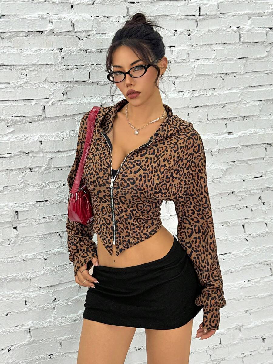 SHEIN EZwear 女士豹纹拉链运动衫，休闲时尚日常穿着 - 棕色 - 查看 1