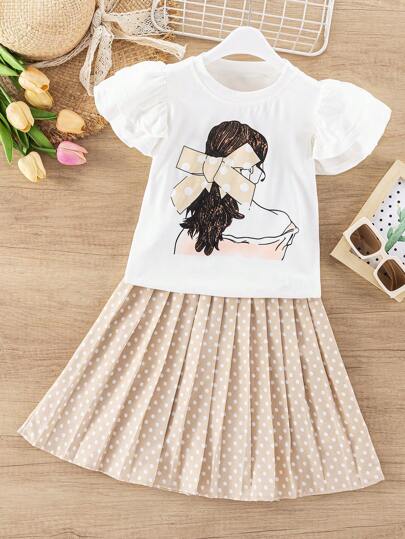 SHEIN 2 件套：人物印花盖袖上衣 + 波尔卡圆点印花百褶裙，适合年轻女孩