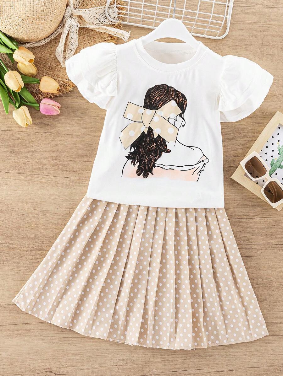 SHEIN 2 件套:人物印花盖袖上衣 + 波尔卡圆点印花百褶裙,适合年轻女孩 - 黃色 - 查看 1