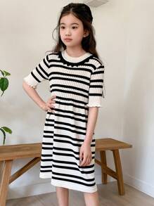 DAZY Tween Girl Contrast Stripe Short Sleeve Knitted Dress,Girls Summer Outfits,Back To School Clothes - Black and White - View 6
