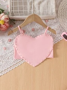 SHEIN Leap Crew 2pcs Set Girl Casual Heart Pearl Decorated Tank Top & Mini Skirt - Pink - View 9