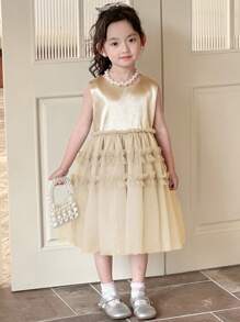 DAZY Girls (Small) Round Neck Sleeveless Mesh Party Dress, Summer