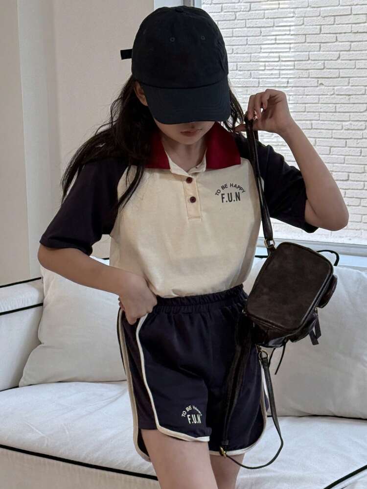 Tween Girl 2pcs Set: Minimalist Polo Shirt & Shorts, Fashionable Casual Everyday Outfit,Girls Summer Outfits,Back To School Clothes