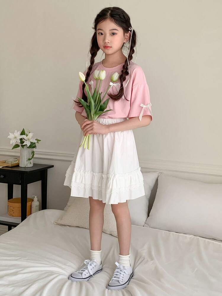 Tween Girls Bow Decor Letter Embroidered Short Sleeve Top And Skirt 2pcs Set,Girls Summer Outfits,Back To School Clothes