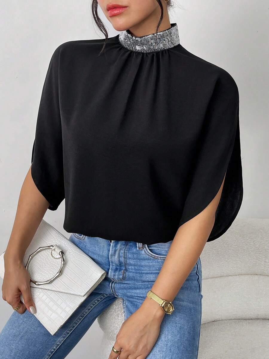 SHEIN Essnce Plus Size Women's Sequin Patchwork Stand Collar Batwing Sleeve Loose Fashionable Elegant Blouse - Black - View 1