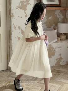 DAZY 青少年女孩 Polo 领短袖网眼连衣裙，夏季 - 白色 - 查看 2