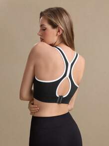 无缝瑜伽双层工字背心/健身瑜伽/运动锻炼/撞色绑带/软杯防滑/镂空背部 - 黑色 - 查看 4