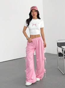 Muchica 2pcs/Set Spring/Summer New Round Neck T-Shirt & Bow Tied Track Pants Suit - Multicolor - View 5