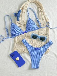 Swim Mod Springbreak Women Plaid Halter Tie Bow 2pcs Spaghetti Strap Bikini Swimwear Set