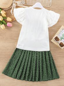 SHEIN Set de 2 piezas: Top con manga corta con volantes con estampado de figura femenina y minifalda plisada con lunares - Verde - Ver 2