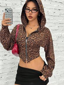 SHEIN EZwear 女士豹纹拉链运动衫，休闲时尚日常穿着 - 棕色 - 查看 7