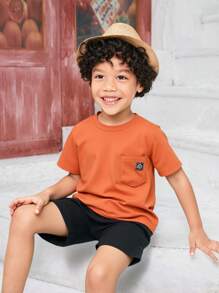 SHEIN Explorewe 3pcs/Set Toddler Boys Short Sleeve T-Shirt Set, Pocket & Car Patch, Casual Solid Color, Comfortable Sports Outdoor Summer Getaway, Holiday, Travel, Relax, Sunbathing