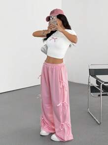 Muchica 2pcs/Set Spring/Summer New Round Neck T-Shirt & Bow Tied Track Pants Suit - Multicolor - View 1