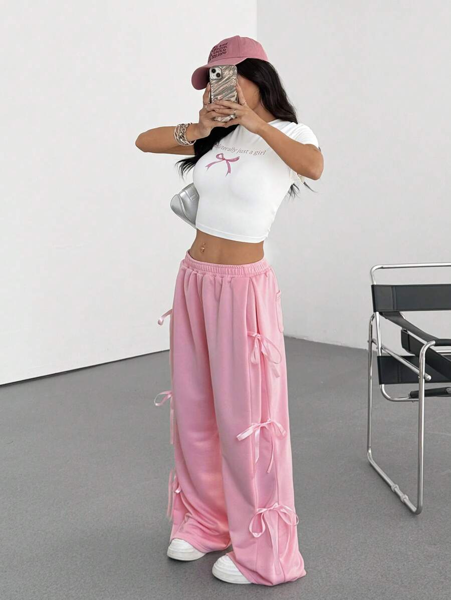 Muchica 2pcs/Set Spring/Summer New Round Neck T-Shirt & Bow Tied Track Pants Suit - Multicolor - View 1