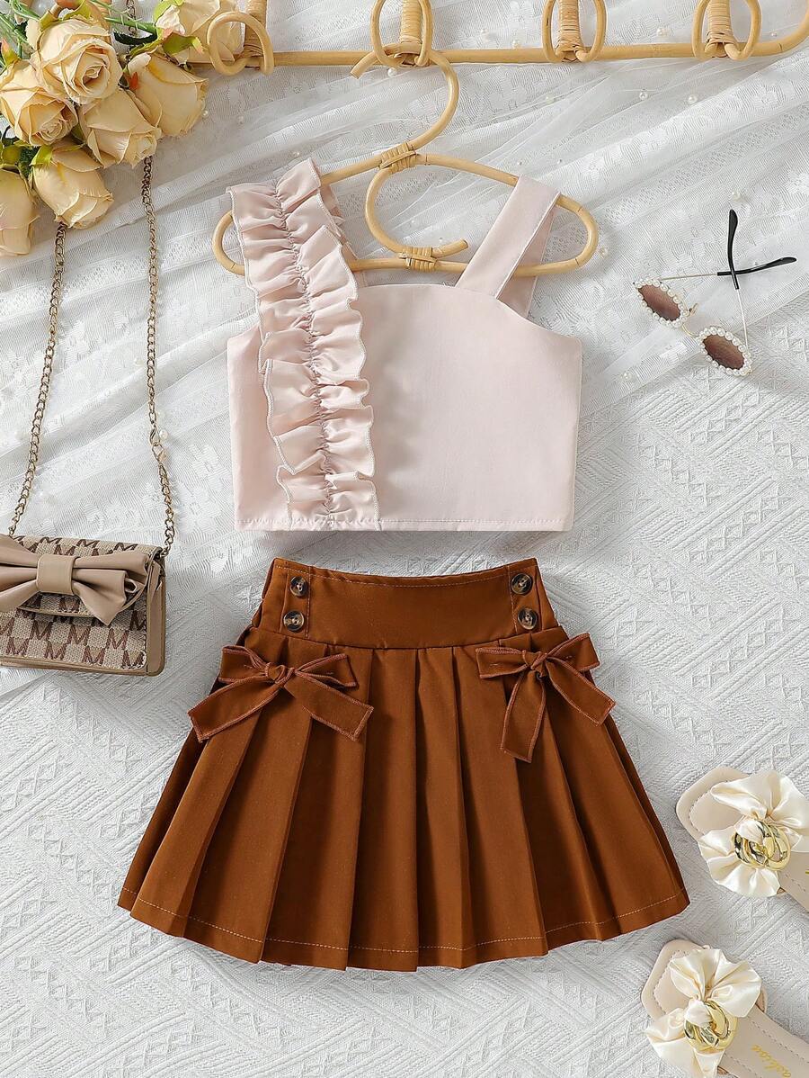 SHEIN 2 件套女童夏季套装可爱单肩荷叶边上衣和百褶裙套装