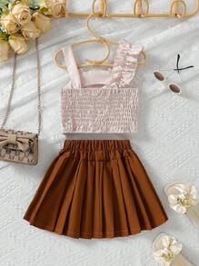 SHEIN 2 件套女童夏季套装可爱单肩荷叶边上衣和百褶裙套装