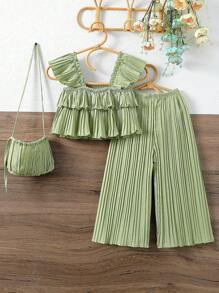 SHEIN 2pcs Girls Vacation Casual Solid Color Pleated Top And Long Pants Set - Green - View 2