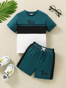 SHEIN 2pcs Young Boy Printed Color Block Sports & Leisure Comfortable Outfit, Summer (Getaway, Holiday, Travel, Relax, Sunbathing) - Green - View 1