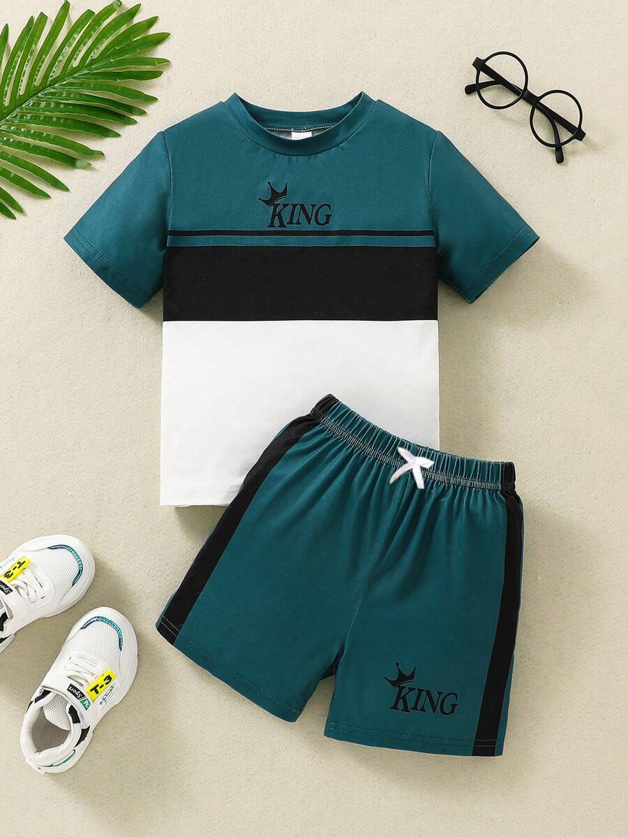 SHEIN 2pcs Young Boy Printed Color Block Sports & Leisure Comfortable Outfit, Summer (Getaway, Holiday, Travel, Relax, Sunbathing) - Green - View 1