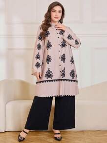 Lacomfia Vintage Style Fashion Printed 2 Pieces Set, Plus Size - Black - View 3