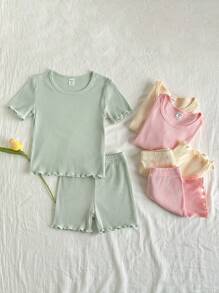 Vintaside Kids Young Girls Casual Solid Color Short Sleeve Top And Shorts Set - Multicolor - View 3