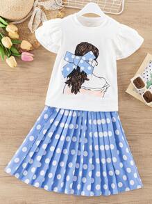 SHEIN 2pcs/Set Young Girl Casual Daily Wear Floral Print Short Sleeve T-Shirt + Polka Dot Skirt - Blue - View 1