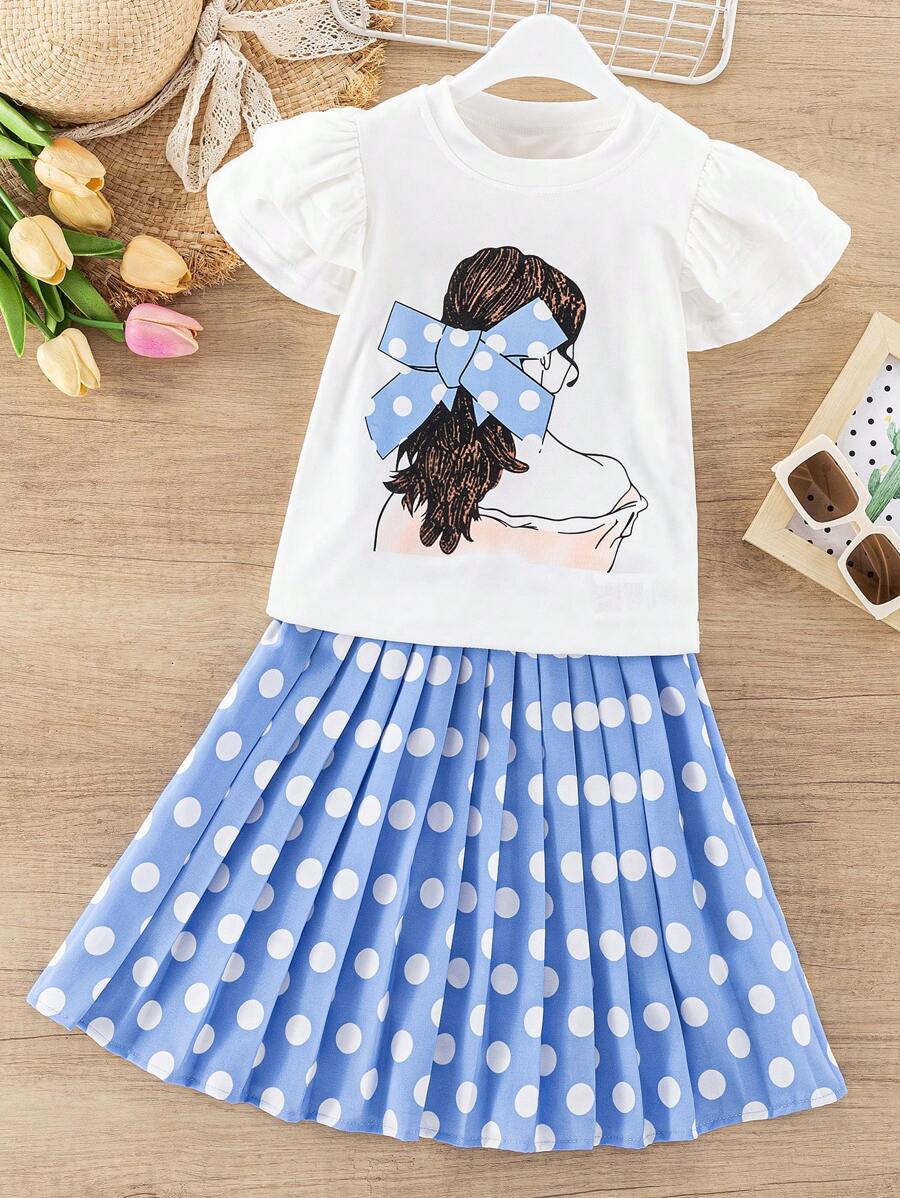 SHEIN 2pcs/Set Young Girl Casual Daily Wear Floral Print Short Sleeve T-Shirt + Polka Dot Skirt - Blue - View 1