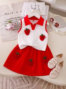 Young Girl Young Girl Reversible Collar Sleeveless Top & Red Skirt With Strawberry Print, Comfortable Casual Daily Wear For Summer