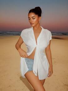 SHEIN SXY Damen Twist Knoten Rücken Schlitz Weißes Hemd