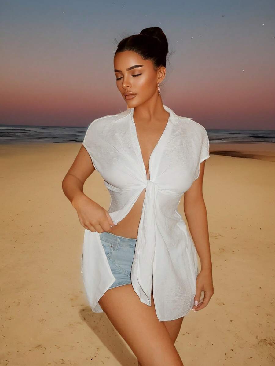 SHEIN SXY Damen Twist Knoten Rücken Schlitz Weißes Hemd