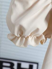 SHEIN 2pcs/Set Young Girl Bow Decor Puff Sleeve Top And Pants Set - Apricot - View 5