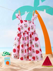 CoComelon X SHEIN Young Girl Cartoon Strawberry & Watermelon Print Cap Sleeve Cute Sweet Dress - Multicolor - View 7