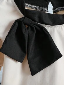 SHEIN 2pcs/Set Young Girl Bow Decor Puff Sleeve Top And Pants Set - Apricot - View 7