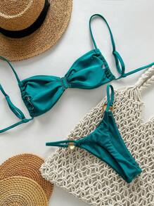 Swim Chiccia 2 件装女士金属纯色细肩带吊带上衣和丁字裤比基尼海滩度假夏季泳装套装 - 水鴨藍 - 查看 2