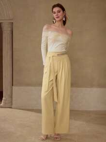 MOTF PREMIUM FOLD PLEATED BELTED SUIT PANTS - Yellow - View 5