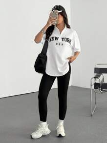 SHEIN EZwear Women's New Letter Embroidery Stand Collar T-Shirt And Leggings 2 Pieces Set - Multicolor - View 4